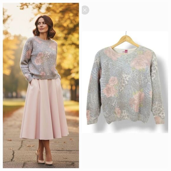 Vintage 80s Soft Silk and Angora Knit Blend Floral Animal Print Sweater Size M - Picture 10 of 10